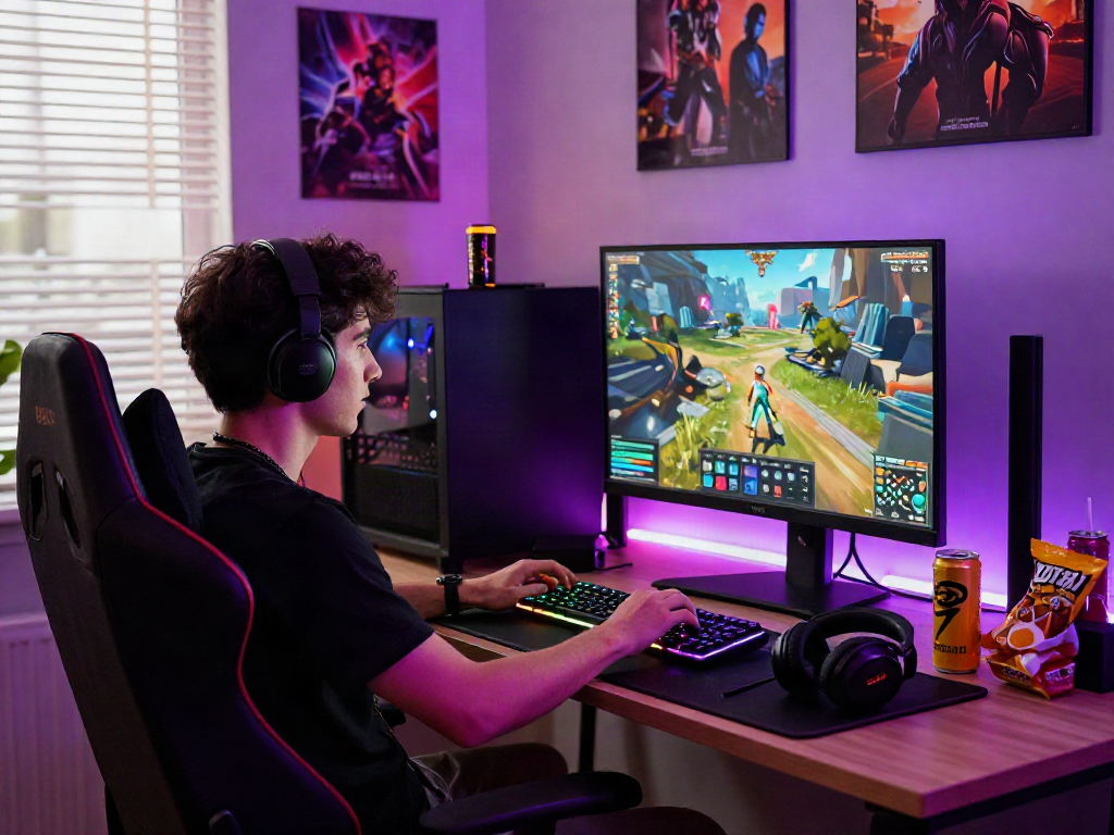 Gamer fokus bermain luxury111 di ruang permainan modern dengan cahaya LED.