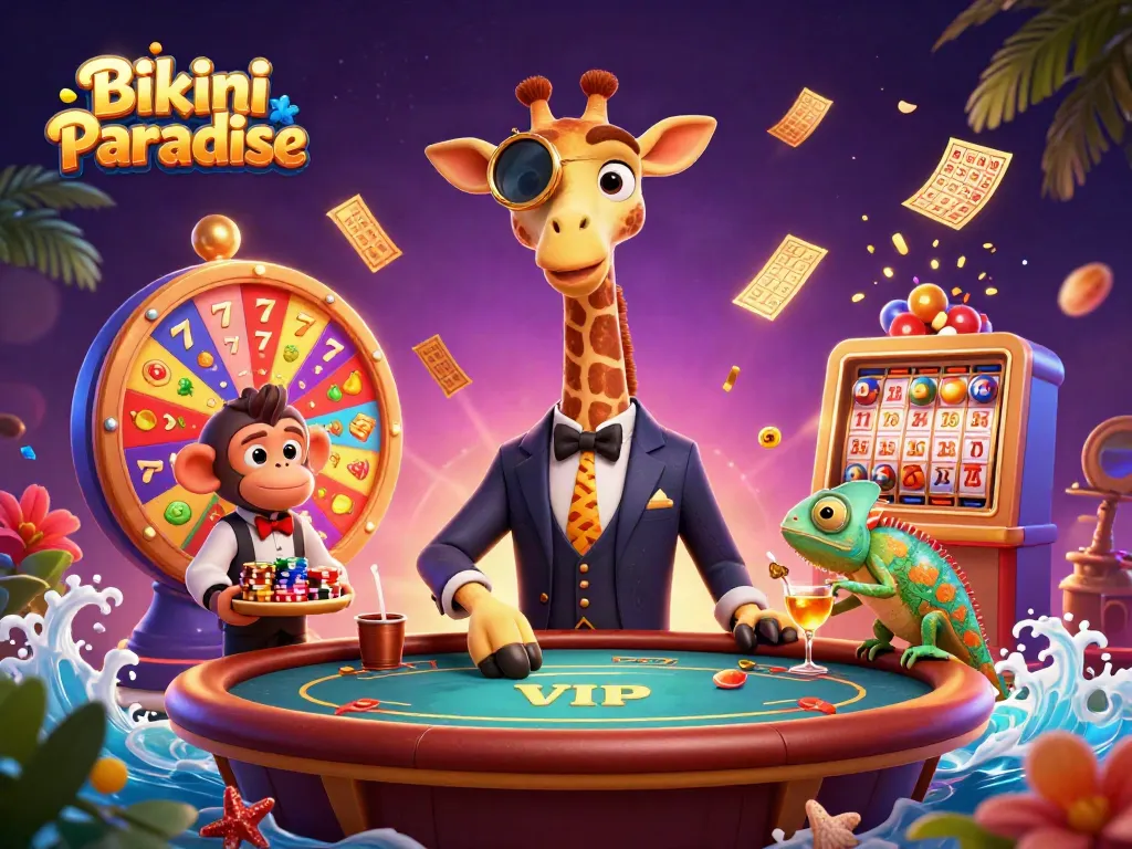 Bikini Paradise scene featuring a high-roller giraffe playing poker, surrounded by dynamic casino elements.
