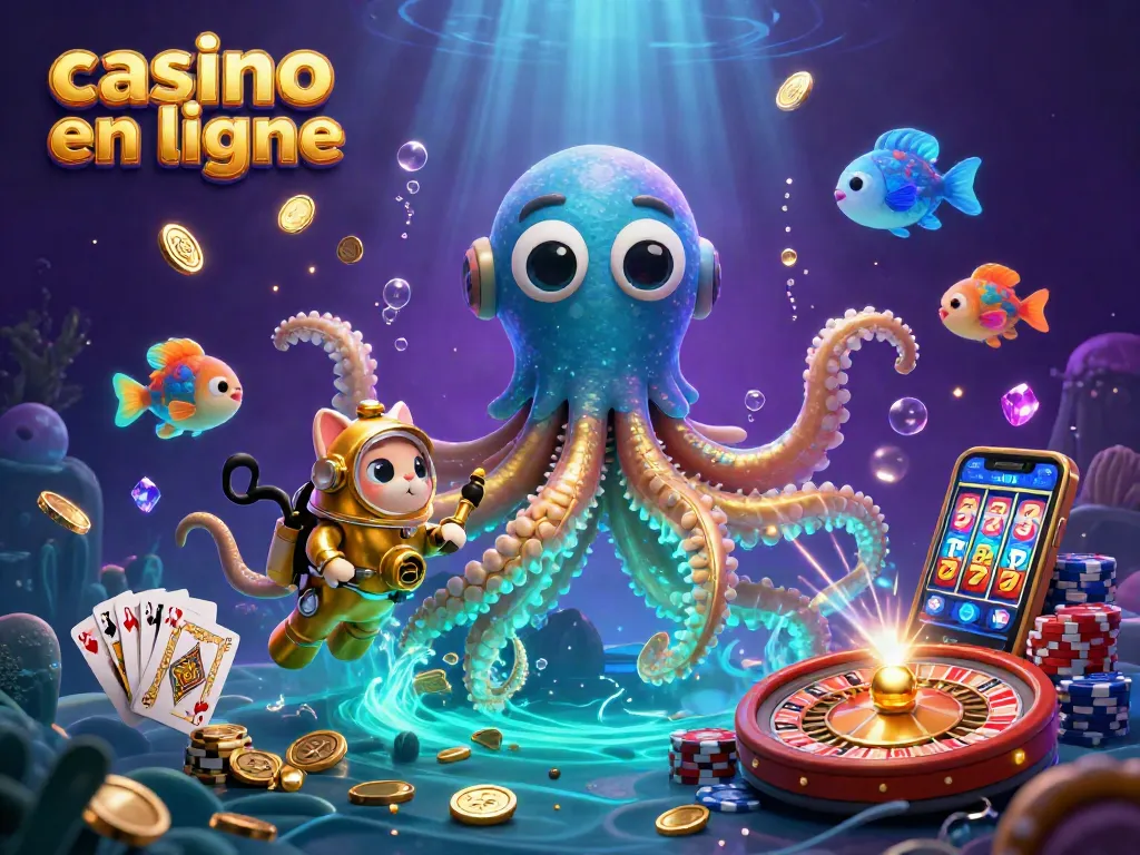 Engage in the adventure of casino en ligne with a vibrant kraken, diving cat, and deep-sea fish, immersed in gold!
