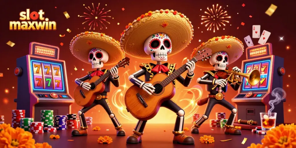 Experience the thrill of slot maxwin with colorful 3D illustrations of a lively mariachi band.