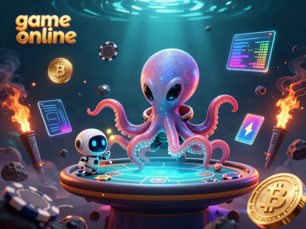 Engage in exciting game online action with an alien octopus at a high-tech poker table.