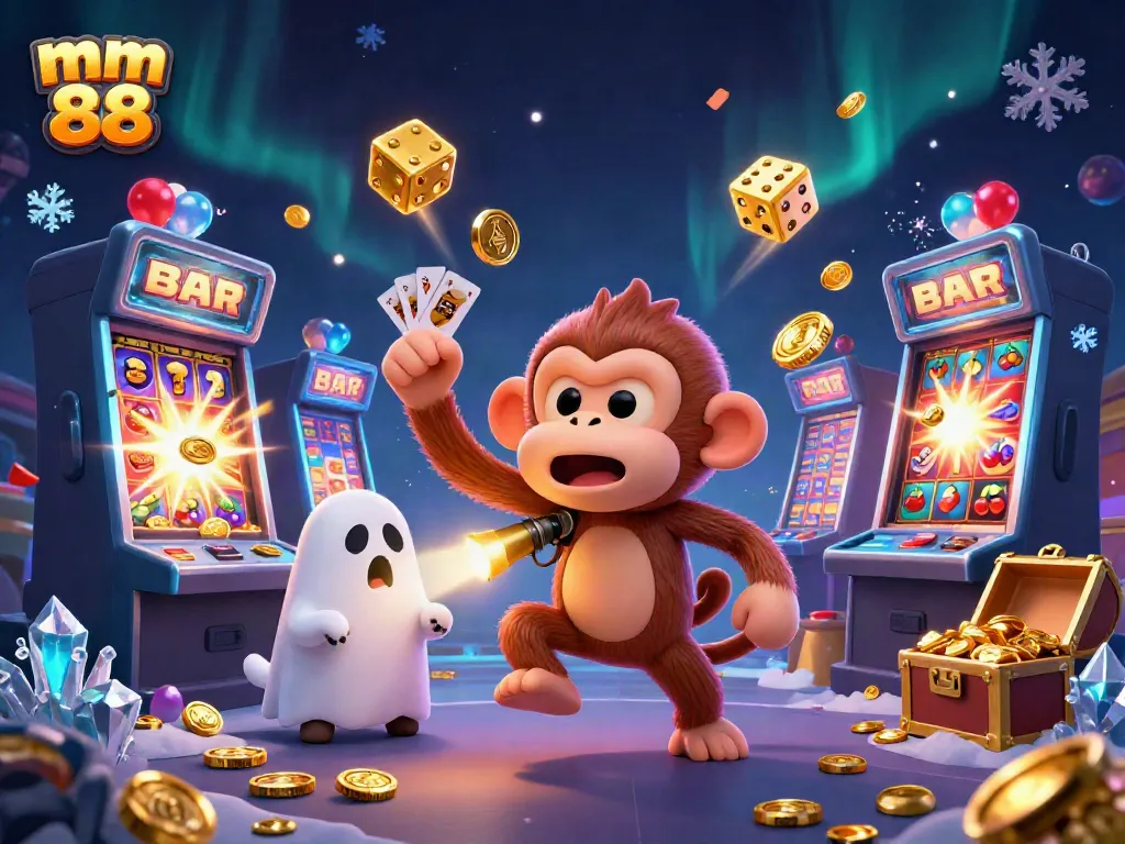 Experience the excitement of mm 88 with a playful poltergeist monkey juggling golden casino items in a vibrant scene.