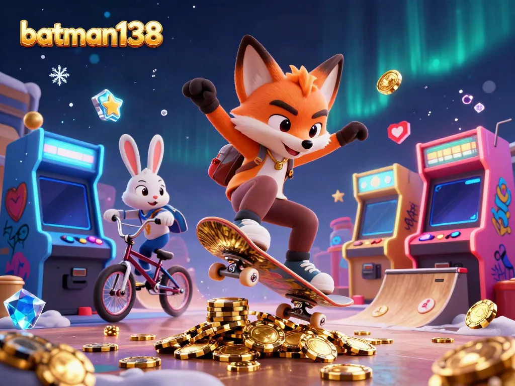 Experience the vibrant gameplay at batman138 with a skateboarder fox and BMX rabbit amid casino-themed chaos.