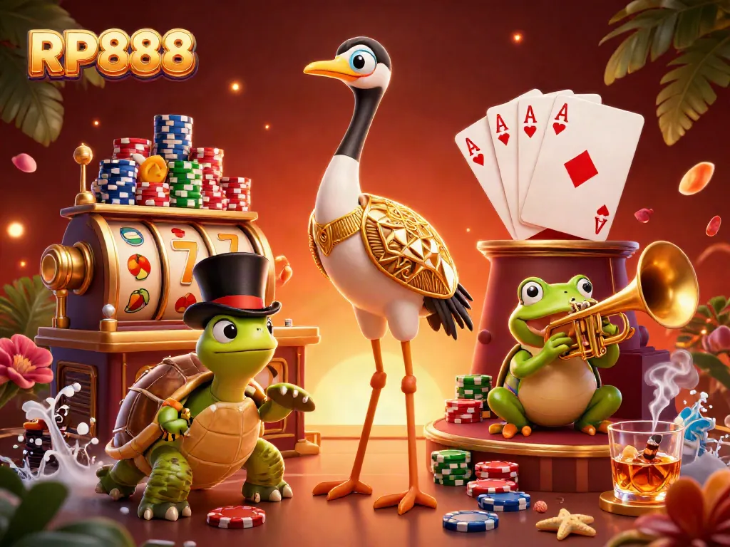 Experience the vibrant RP888 gaming scene with exciting slots and whimsical characters in a speakeasy.