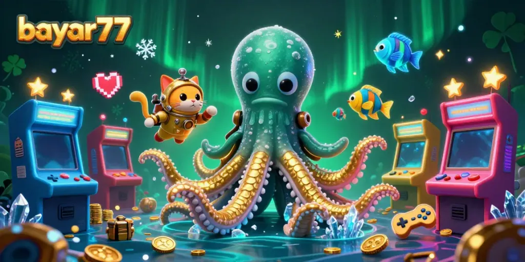 Experience thrilling gameplay at bayar77 with a 3D kraken and arcade game atmosphere.