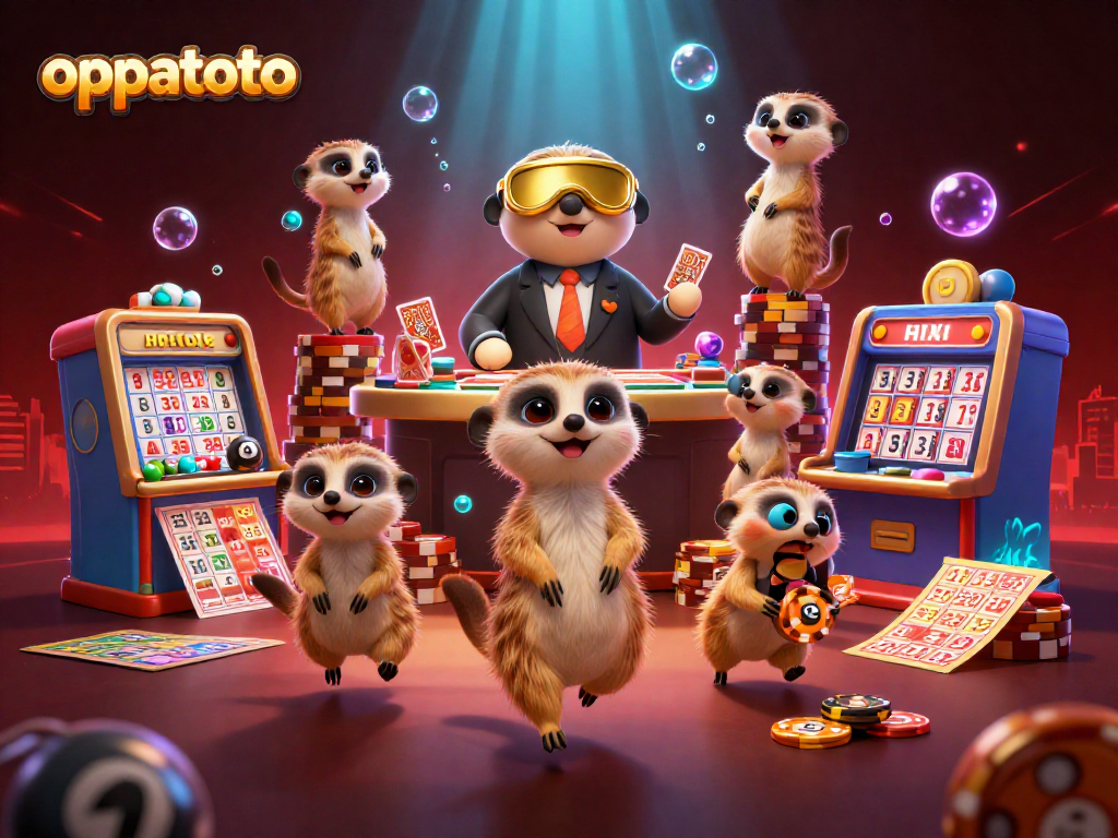 Engage with oppatoto's lively 3D meerkat casino scene showcasing lottery elements and a vibrant atmosphere.
