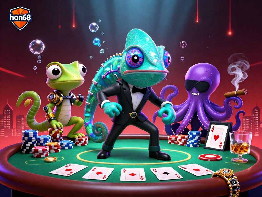 Play at hon68 with a dynamic 3D illustration featuring a colorful poker game scene.