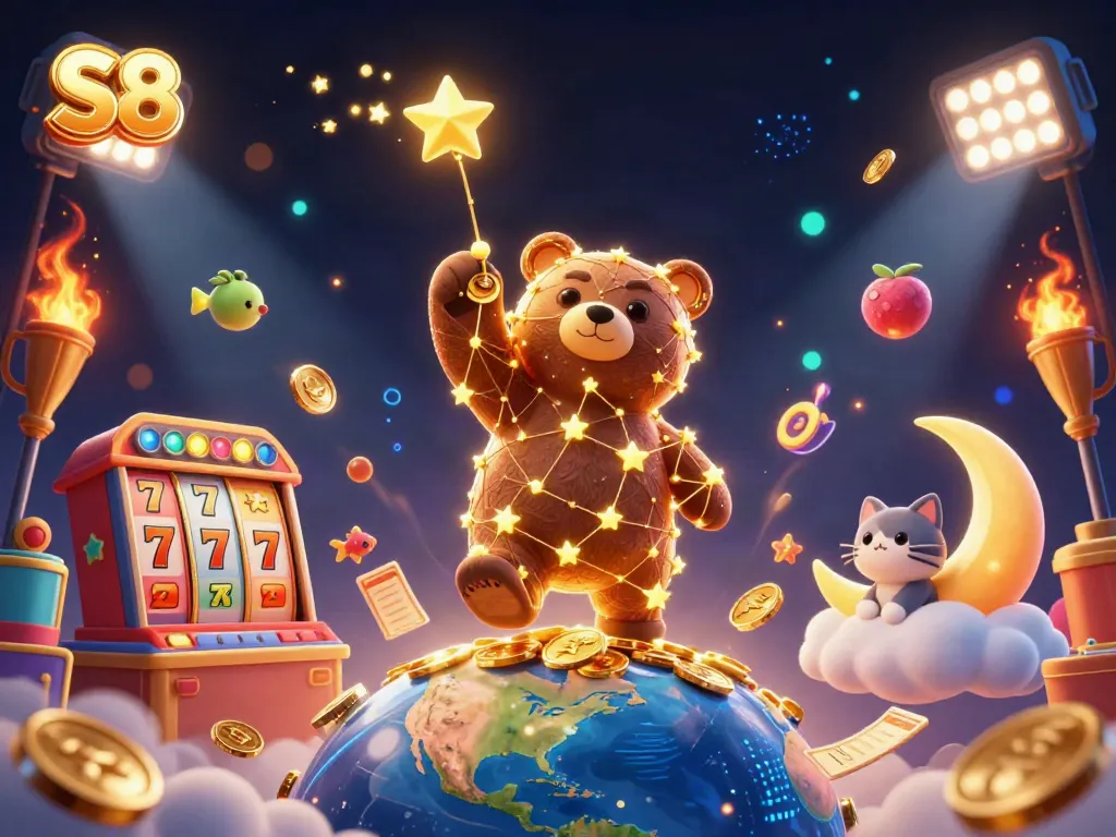 Join the fun with the S8 cosmic bear scooping coins among casino slot symbols in a dynamic betting scene.