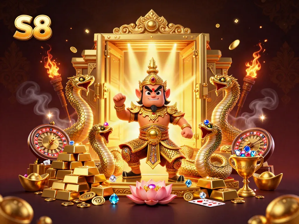 Witness stunning S8 casino excitement with a temple guardian and golden riches.