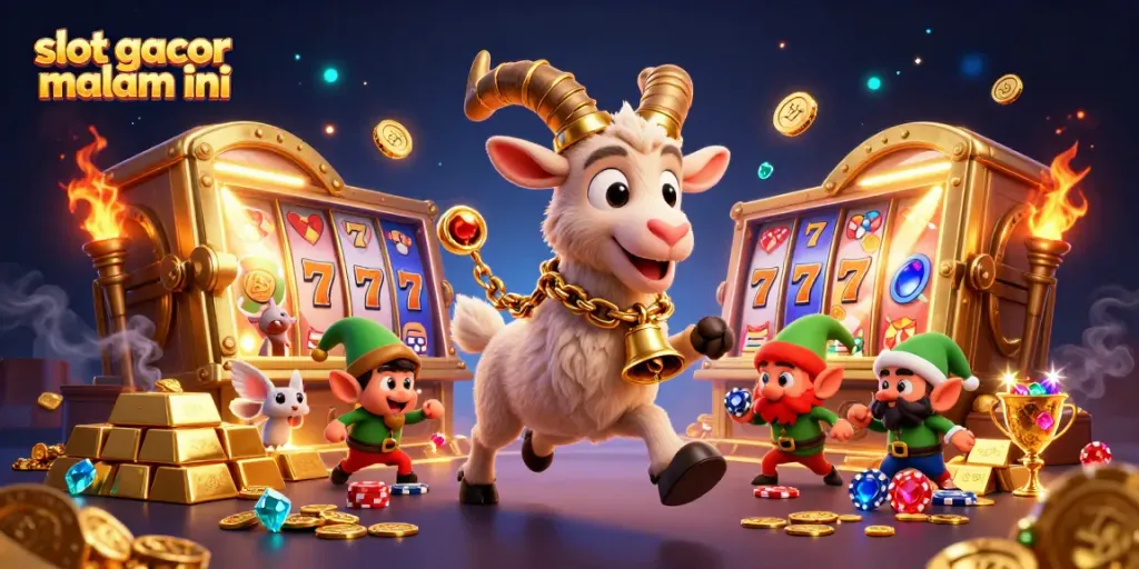 Gambarkan suasana slot gacor malam ini dengan karakter menarik dan banyak elemen kasino