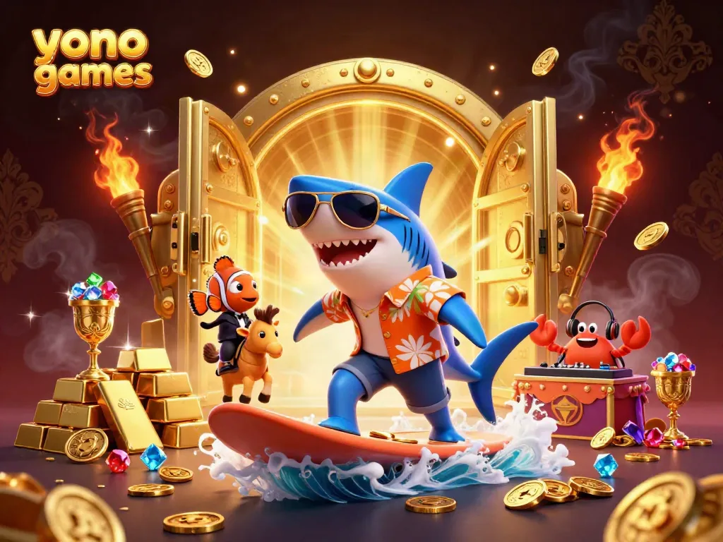 Win big with yono games featuring a hammerhead shark, clownfish, and DJ crab amidst gold treasures.