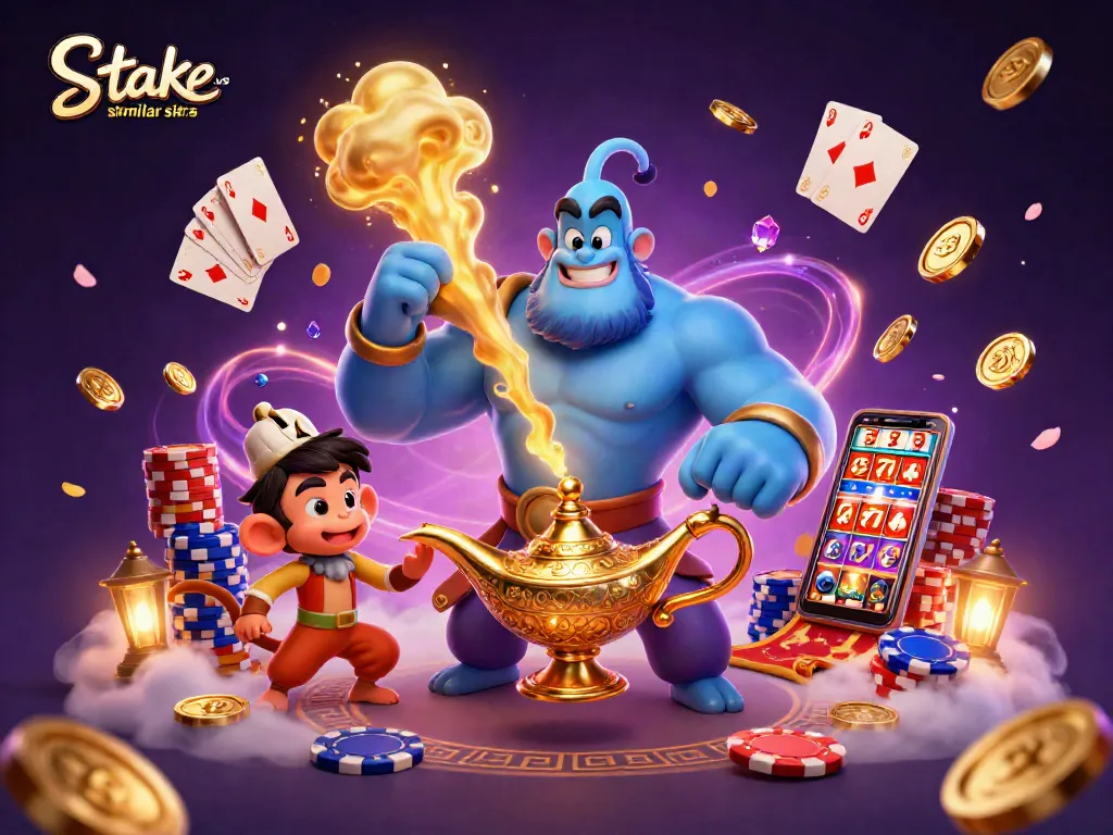 Experience thrilling games with stake.us similar sites featuring a dynamic genie, monkey, and casino elements.
