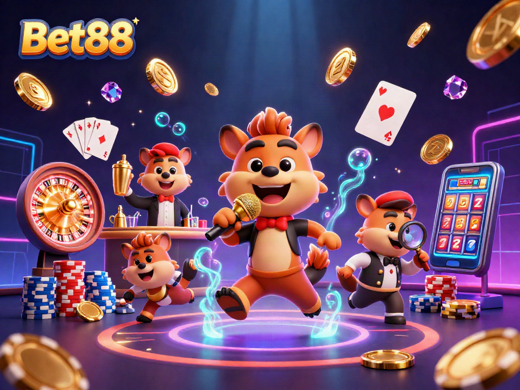 Engage in exciting gaming at Bet88 with unique hyena-themed casino characters and vibrant visual effects.