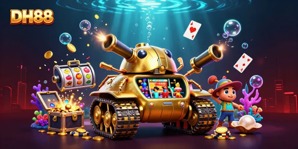 Experience the excitement of DH88 with a golden beetle tank and a dynamic casino scene.