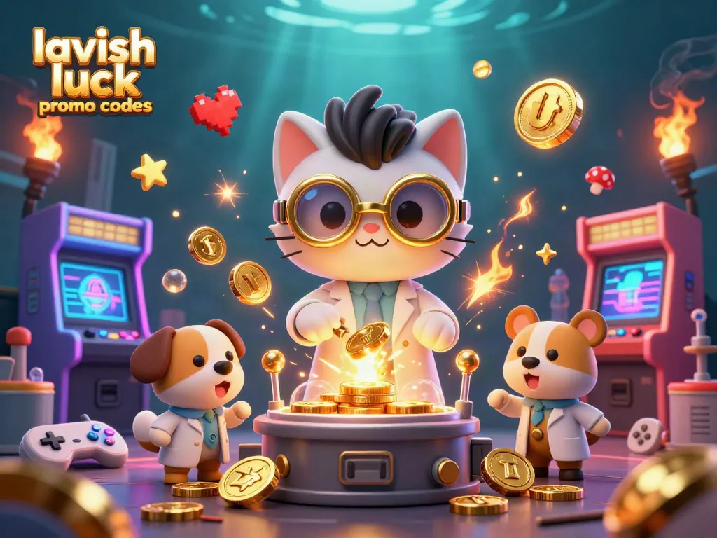 Engage with lavish luck promo codes while exploring a vibrant casino-themed 3D scene filled with gold coins.