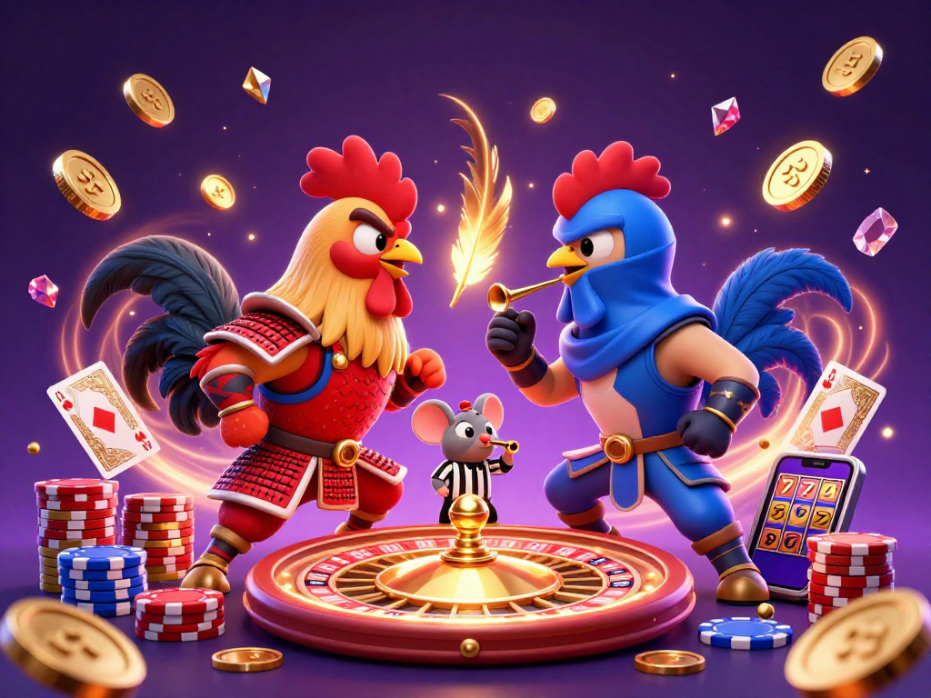go88 showcases a thrilling duel of fighting roosters amidst sparkling treasures in an exciting casino scene.