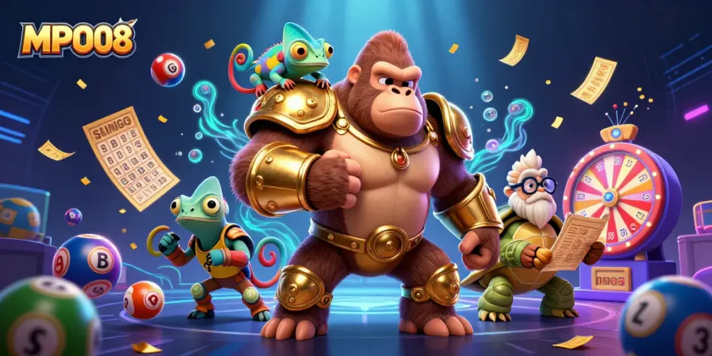 MPO08 engages players with vibrant lottery elements in a colorful casino scene.