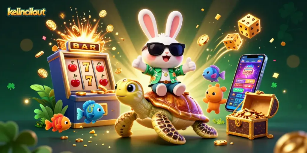 Play exciting casino games at kelincilaut with a charming rabbit and golden sea turtle in a vibrant illustration.
