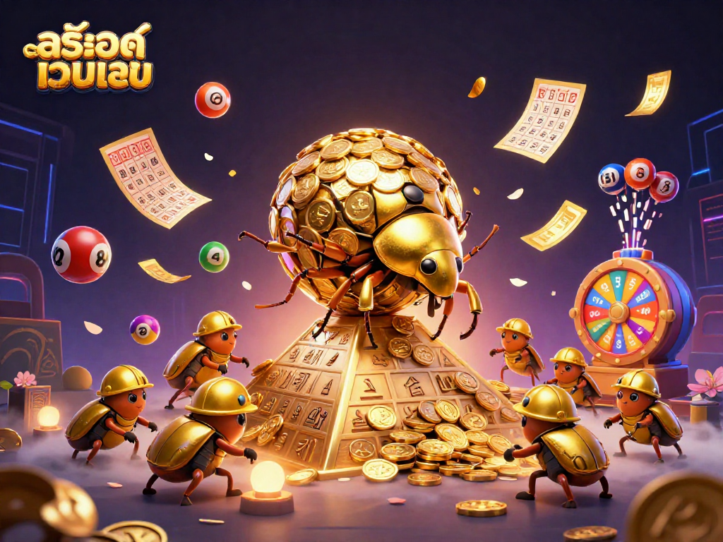 Experience vibrant gaming action with สล็อตเว็บตรง featuring golden coins, lottery balls, and thrilling elements.