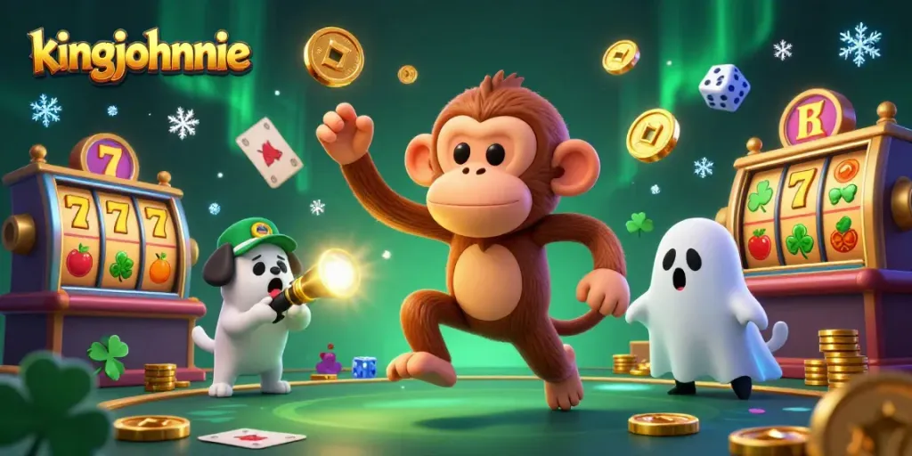 Experience winning thrills at kingjohnnie with a playful poltergeist monkey and ghost-hunter puppy in a lively casino.