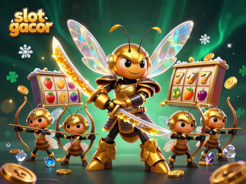 Experience the excitement of slot gacor as a golden hornet samurai battles alongside archers in a vibrant casino scene.