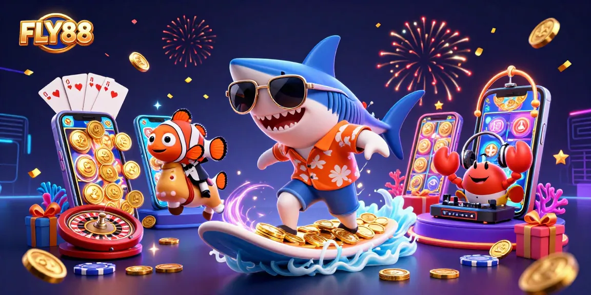 FLY88 surfers ride on gold coins in vibrant casino-themed 3D illustration