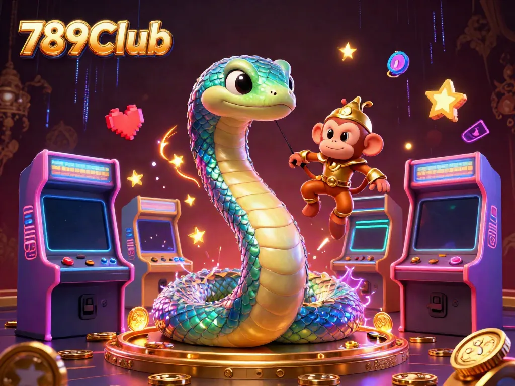 Immersive 3D scene showing 789Club's colorful gaming elements with a playful monkey king and rainbow serpent.