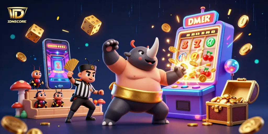 Unleash thrilling slots at IDNSCORE, featuring a beetle champion and high-energy gaming elements.