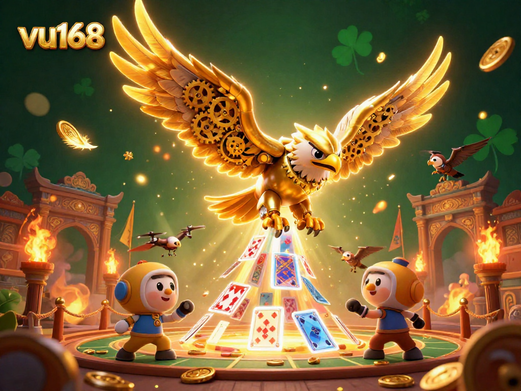 Engage with VU168 for thrilling sports betting action featuring a cybernetic eagle amidst vibrant casino elements.