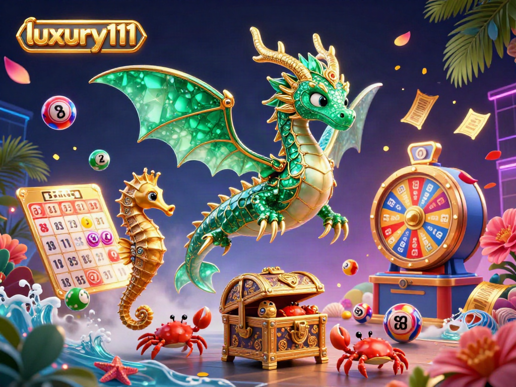 luxury111 showcases a fantastical scene with a sea dragon and a treasure trove of colorful lottery elements.
