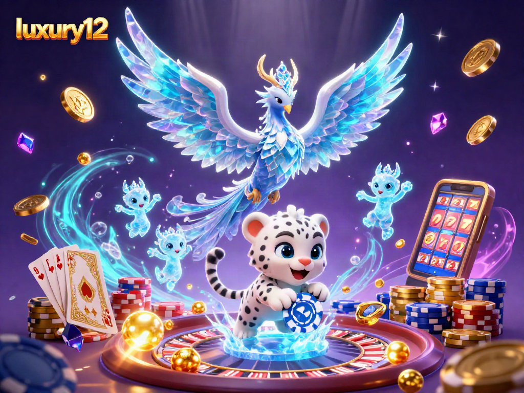 Experience luxury12 with a vibrant casino scene showcasing a magical ice phoenix, poker chip, and glowing sprites.