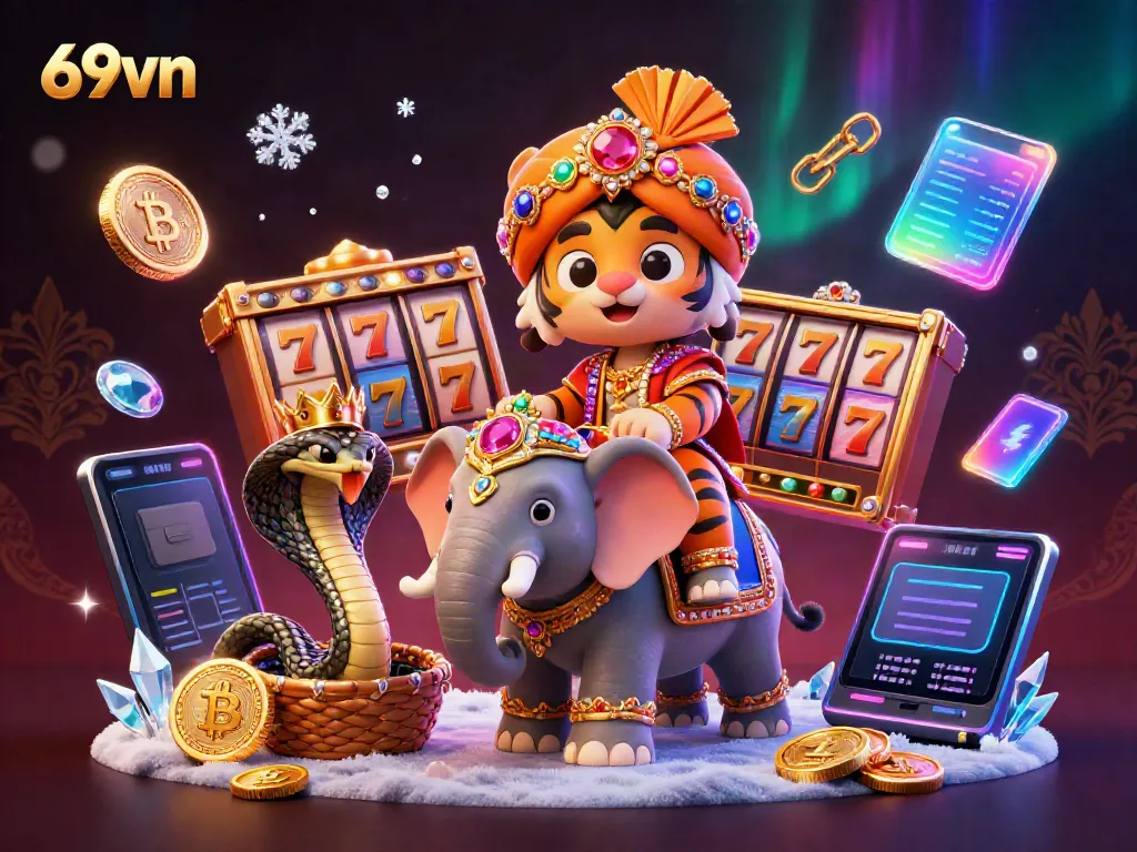 Experience online gaming thrills with 69vn's vibrant 3D casino illustration featuring a majestic tiger and jewel-encrusted elements.