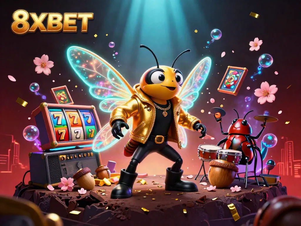 Experience the vibrant 8XBET casino scene featuring exciting elements like slot reels and a lively character ensemble.