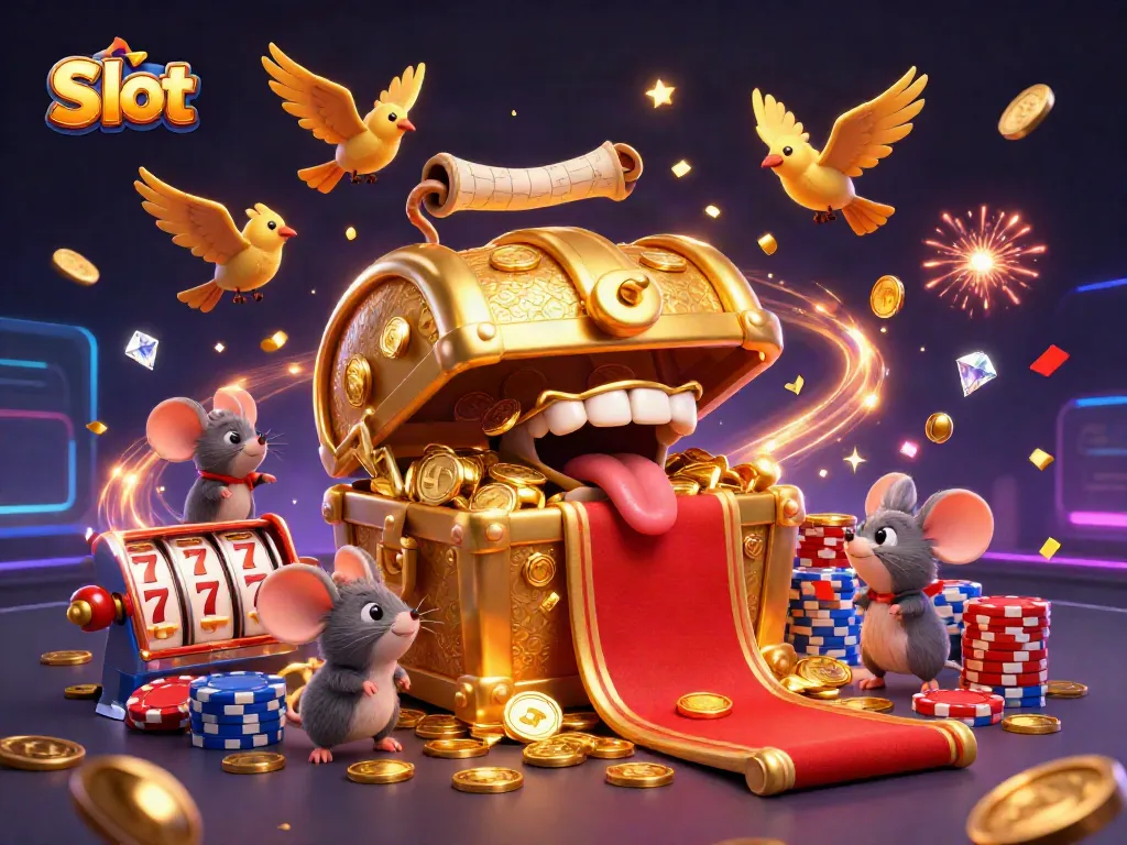 Spin the Slot reels for a chance to win big prizes with cascading coins and vibrant casino elements.