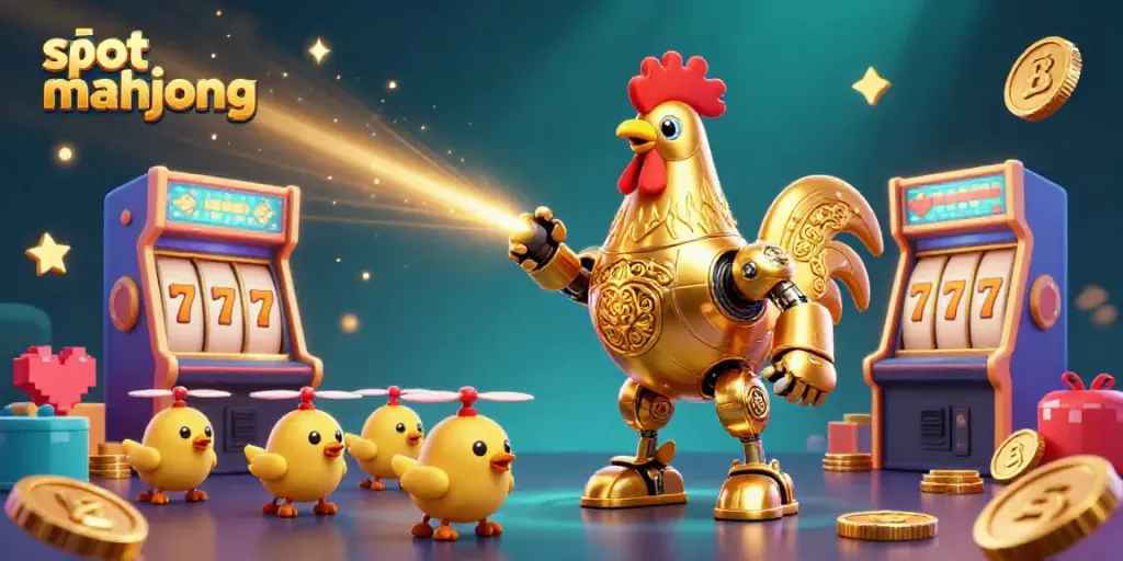 Gelanggang permainan slot mahjong dengan karakter robot ayam dan drone keren.