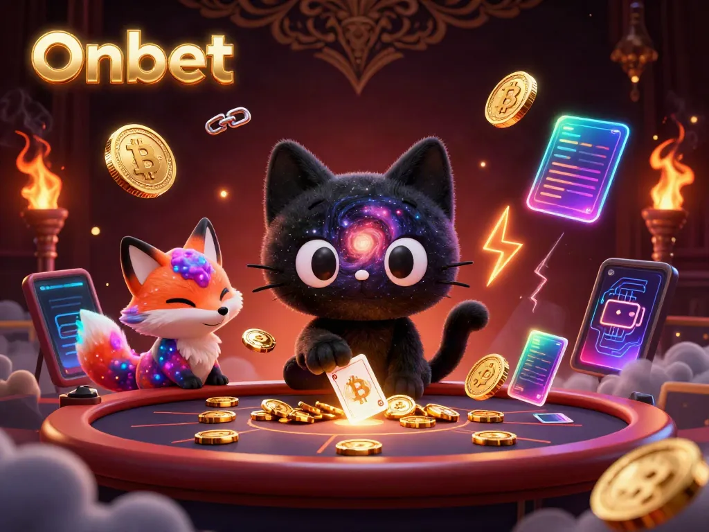 Engage with Onbet's thrilling cosmic casino scene featuring a black hole cat, galaxy-themed elements, and glowing cryptocurrency.