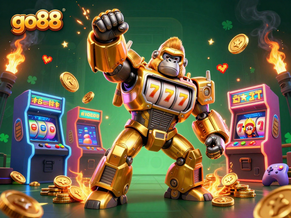 Engage with exciting go88 gaming imagery featuring a golden mech surrounded by vivid arcade themes and slot machines.