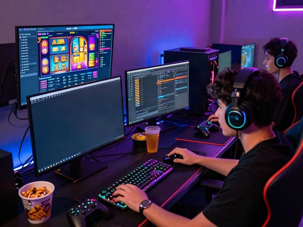 Akunjp gaming scene featuring a focused player with vibrant gaming setup and colorful screen.