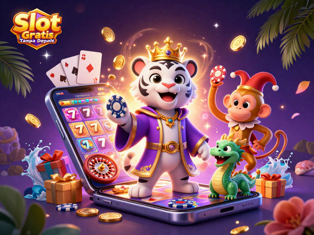 Engage with Slot Gratis Tanpa Deposit through vibrant 3D casino visuals featuring a royal tiger and playful monkey.