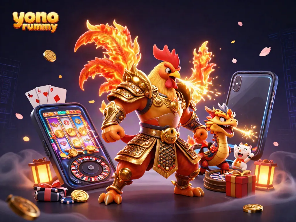 Gambaran meriah "yono rummy" dengan karakter kaca menarik di dunia kasino virtual, mengejar kemenangan.