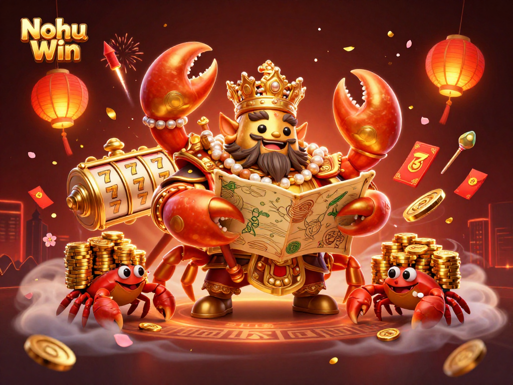 Nohu Win brings excitement alive as a golden crab emperor rules a vibrant casino scene filled with slot reels and treasures.
