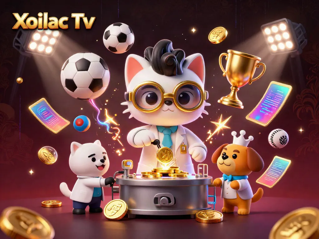 Xoilac Tv features a vibrant scene of a mad scientist cat and assistant creating a gold-coin-replication machine amidst flying sports elements.