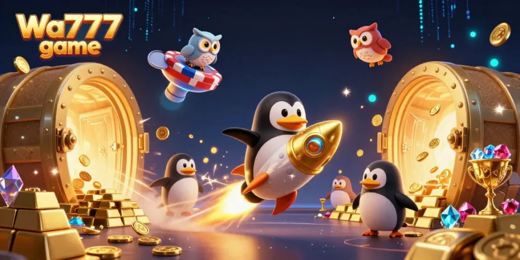Experience the thrill of Wa777 game with a golden penguin and casino-themed space adventure.