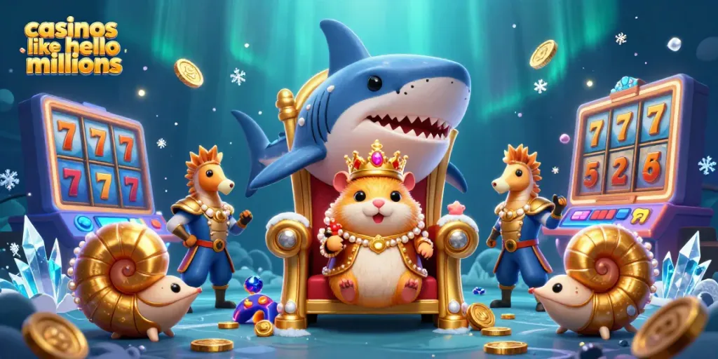 Engage with casinos like hello millions, featuring a fun-filled underwater casino scene with slots and a golden hamster king.