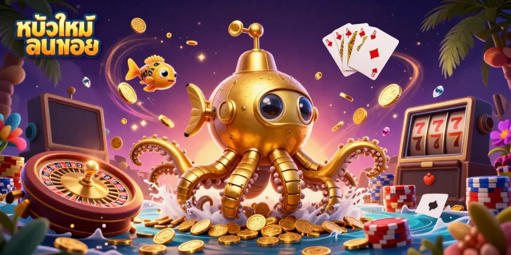 Engaging scene of หนังใหม่ชนโรง with a golden kraken submarine amidst coins, roulette wheel, and colorful poker chips
