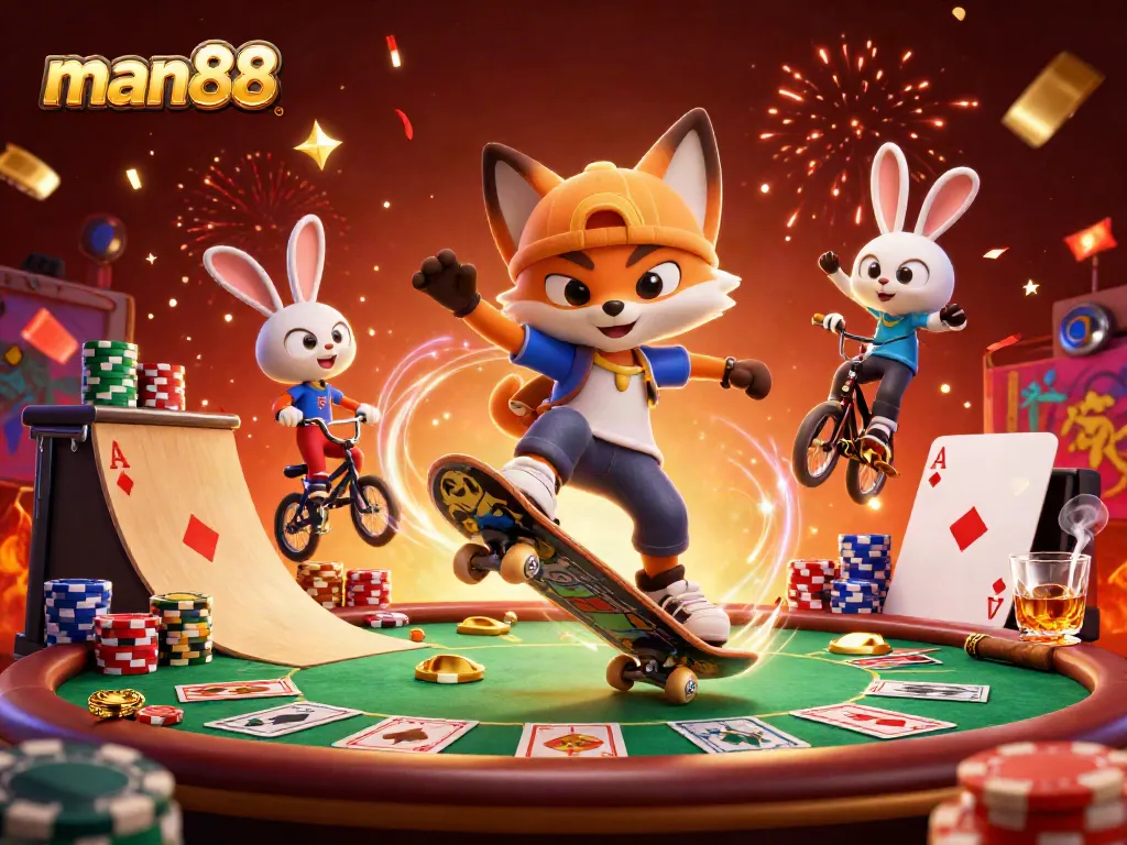 Experience thrilling gameplay at man88 with cartoon characters showcasing exciting casino elements.
