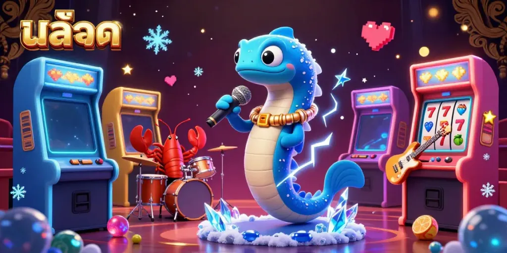 Experience thrilling สล็อต gameplay with a lively underwater DJ scene featuring a vibrant electric eel, lobster drummer, and seahorse guitarist.