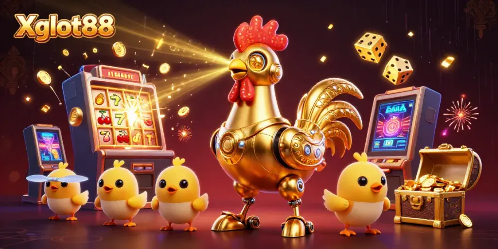 Gambarlah Xgslot88 dengan robot ayam dan mesin slot meledak penuh koin.