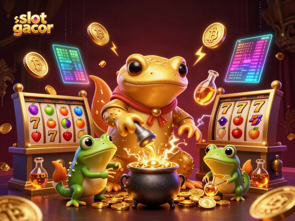 Engage with slot gacor magic featuring golden salamander alchemist, Bitcoin coins, and vibrant slot elements.