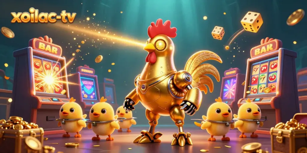 Engage with xoilac-tv and experience vibrant casino excitement with a golden rooster robot and baby drones.